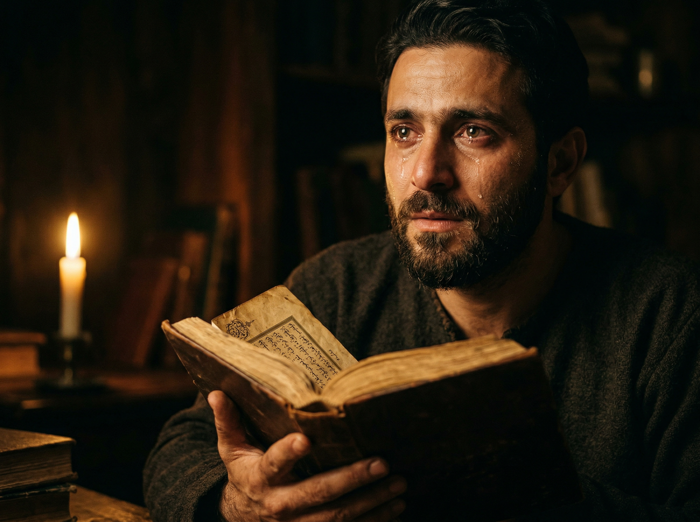 A man moved to tears reading ancient scripture by candlelight